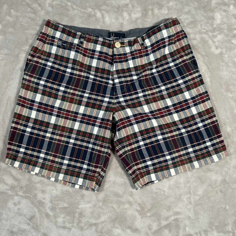 Fred Perry Shorts Mens 32 Tartan Blue Plaid Flat Front Chino Golf Preppy 90s 9in